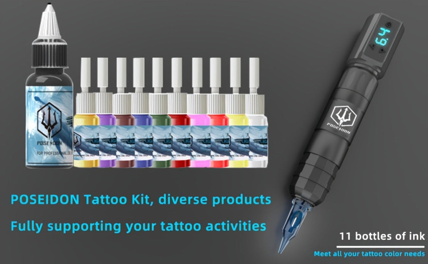 Tattoo Machine Kit POSEIDON TK035 Wireless Rotary Pen with LCD, 1500mAh Battery, 20 Cartridges and Practice Supplies