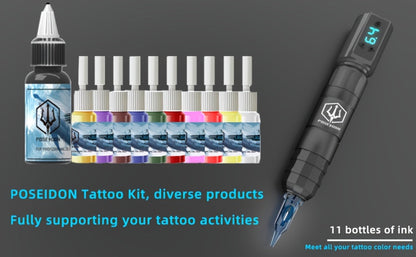 Tattoo Machine Kit POSEIDON TK035 Wireless Rotary Pen with LCD, 1500mAh Battery, 20 Cartridges and Practice Supplies