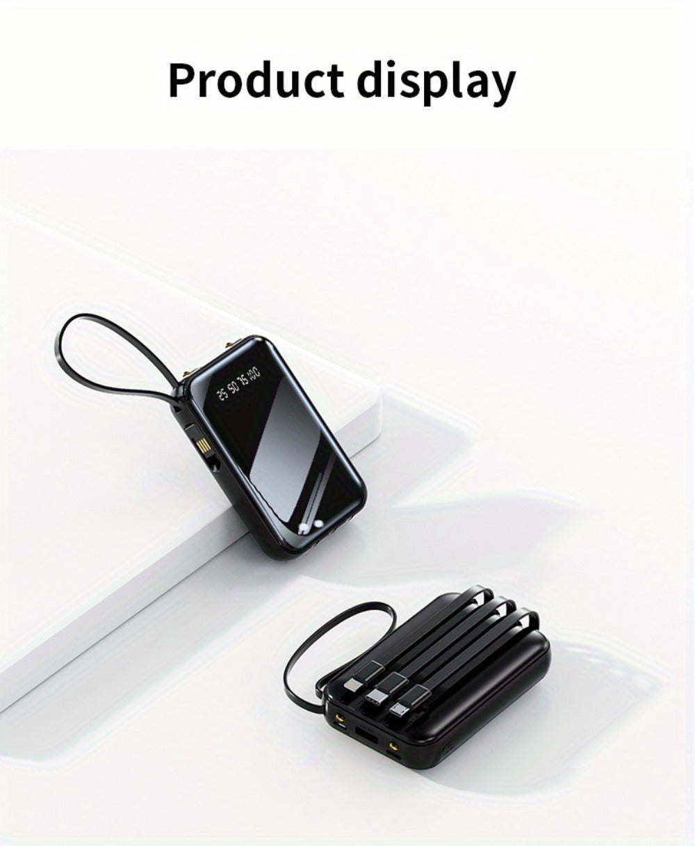 3-in-1 Built-in Cables Power Bank 50000mAh Portable Charger with Smart Digital Display Flashlight Apple Lightning Type-C USB Safe Lithium Battery Pack Outdoor Emergency Travel Gift