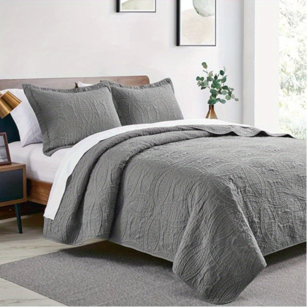 Three-Piece Lightweight Microfiber Quilt Set with Pillow Shams in Ten Size and Color Options