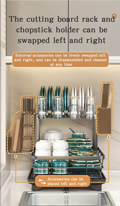 Two-Tier Dish Drying Rack, Metal Countertop Organizer with Cutlery Holder, Cup Holder and Drip Tray