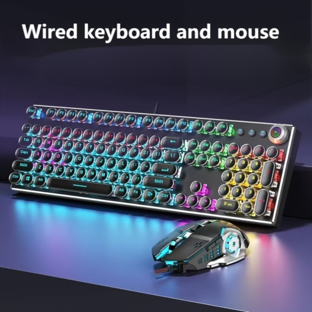 Mechanical Keyboard 104-Key Full-Size Wired USB Layout with Retro Round Keycaps, Backlighting and Control Knob