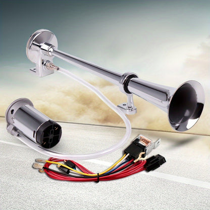 Air Horn Kit for Trucks – Super Loud 18" Single Trumpet Train Horn with Compressor, 12V/24V Universal Fit for Truck, Car, SUV, Jeep – Chrome & Black