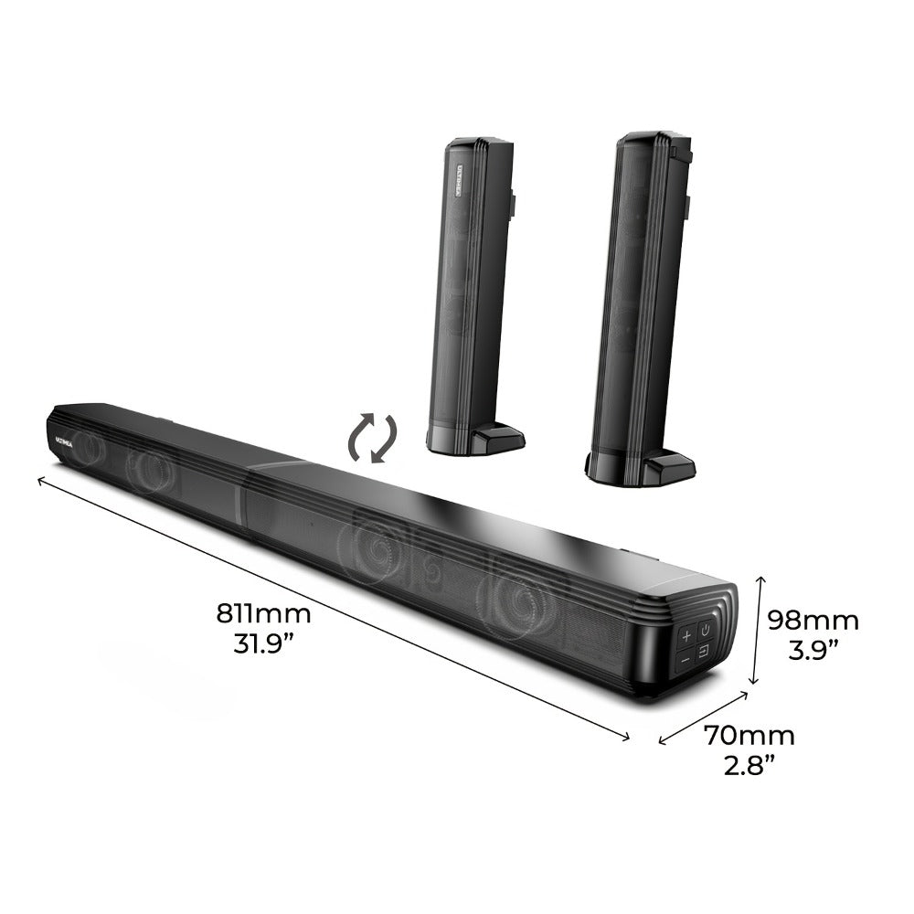 ULTIMEA 2.2ch Detachable TV Soundbar 100W Peak Power Bluetooth 5.3 Bass Adjustable 3 EQ Modes Optical ARC AUX Wall Mount Sound Bar for Smart TV Home Theater