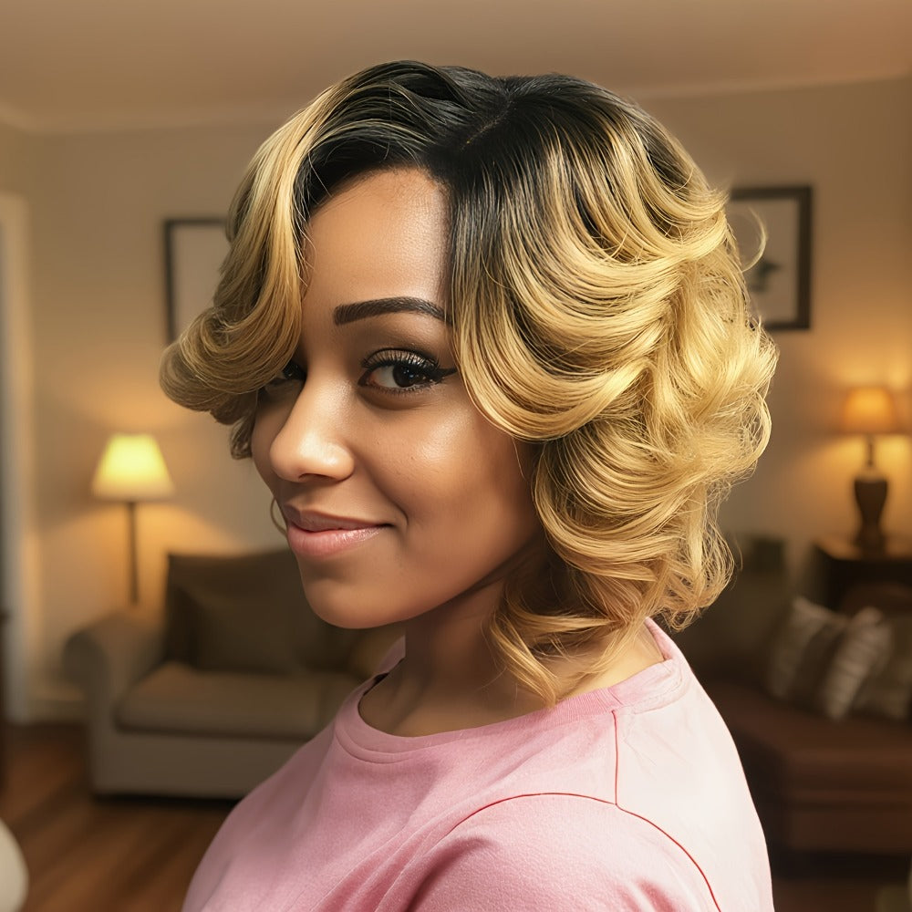 Synthetic Wig 12-Inch Ombre Blonde Curly-Wave Bob with Dark Roots and Adjustable Cap for Party Styling