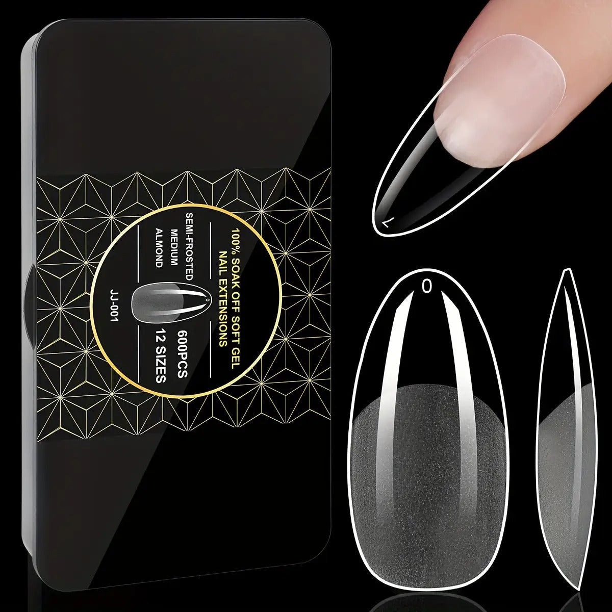 Clear Full-Cover Nail Tips, 600-Piece Set in Nine Almond, Oval, Stiletto, Coffin and Square Length Options