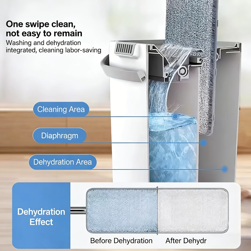 Eight-Piece Flat Mop and Bucket Set with Six Microfiber Pads, Cleaning Gloves and Hands-Free Wringer