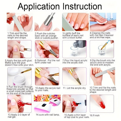 Acrylic Nail Kit with 12 Glitter Colors, Clear Pink White Powders, Liquid Monomer, Tips and Application Tools