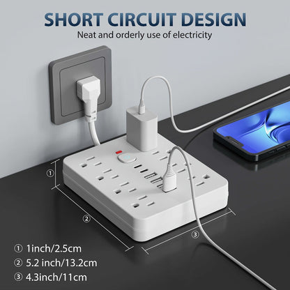 14-in-1 Power Strip with Individual Switches & Overload Protection – 8 AC Outlets, 4 USB-A & 2 USB-C Ports, Multi-Plug Wall Surge Protector for Office Home Travel, White & Black