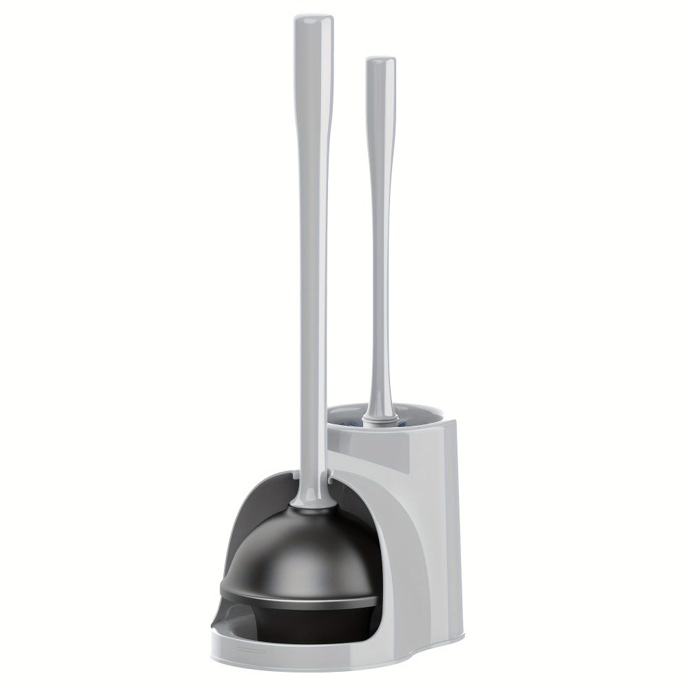 Toilet Plunger and Bowl Brush Combo with Separate Holders and Compact Gray Bathroom Storage Design