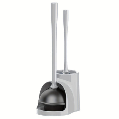 Toilet Plunger and Bowl Brush Combo with Separate Holders and Compact Gray Bathroom Storage Design