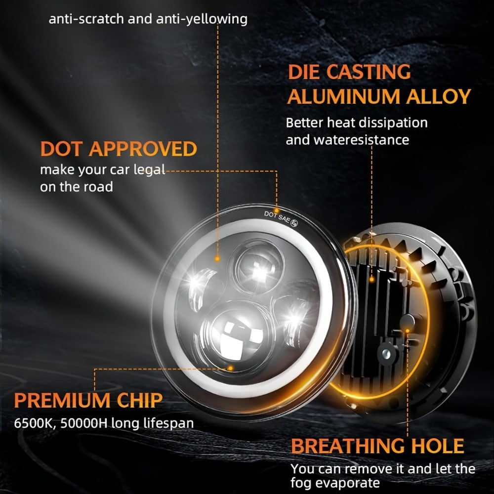 7 Inch Round LED Headlights for Jeep Wrangler JK TJ CJ Colorful DRL Halo Ring Amber Turn Signal High Low Beam, 2pcs White Red Green Blue Multi-Color Replacement Headlamp Set