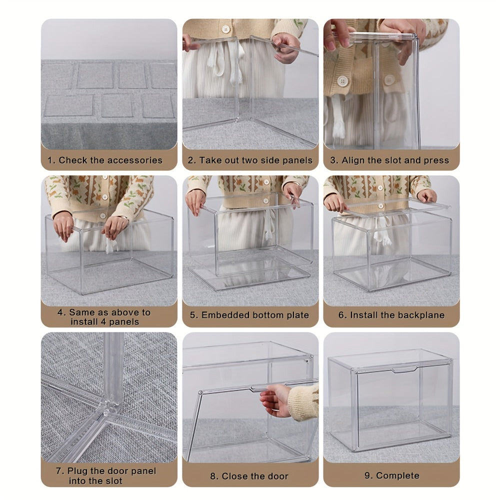 XL Clear Stackable Acrylic Storage Bin with Magnetic Lid, 50L Foldable Display Organizer in One- or Two-Piece Options