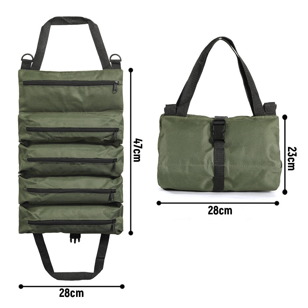 Collapsible Tool Roll Organizer Bag in Green or Black with Multiple Pockets and Carry Handles