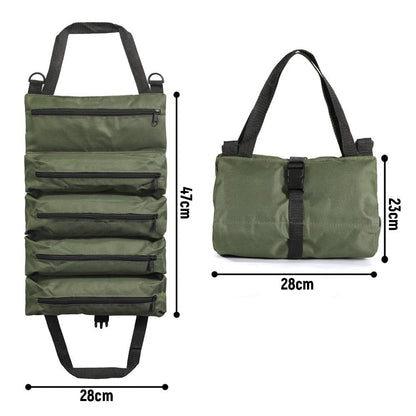 Collapsible Tool Roll Organizer Bag in Green or Black with Multiple Pockets and Carry Handles