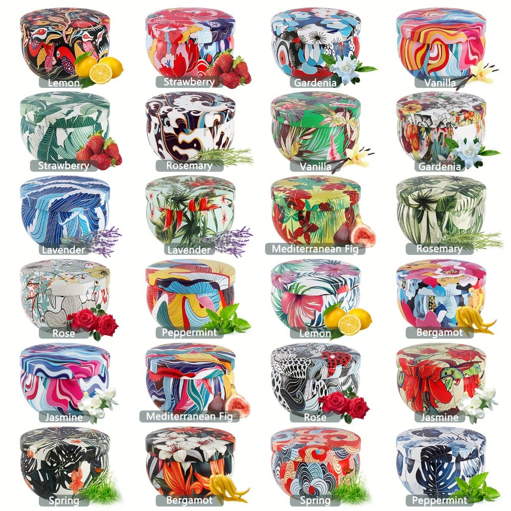 24-Piece Rain-Scent Candle Set with Lidded 2.5oz Decorative Metal Travel Tins and Fragrance Labels