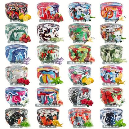 24-Piece Rain-Scent Candle Set with Lidded 2.5oz Decorative Metal Travel Tins and Fragrance Labels