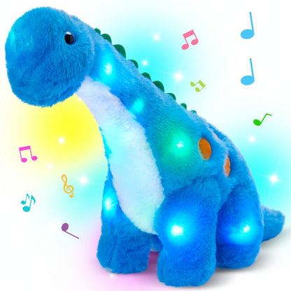 Plush Toy Blue Dinosaur with LED Glow and Optional Music for Colorful Interactive Display for Character Display, Room Decor and Gift