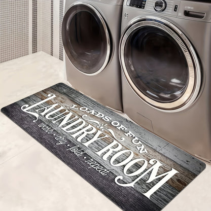 Rustic Laundry Room Runner Mat with Wood-Grain Print and Rubber Backing in Two Long Size Options