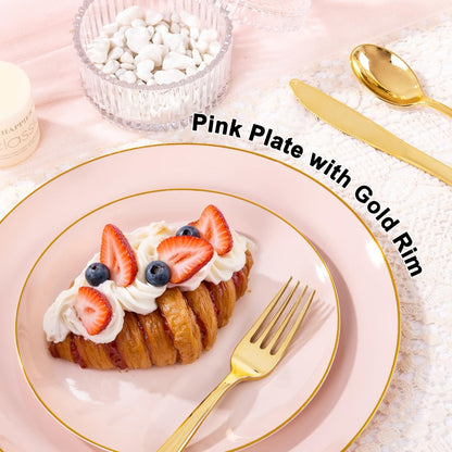 Disposable Plastic Plates Set 50 Piece - Pink Gold Rim Party Tableware with Dinner Plates, Dessert Plates & Utensils for Birthday Wedding Holiday