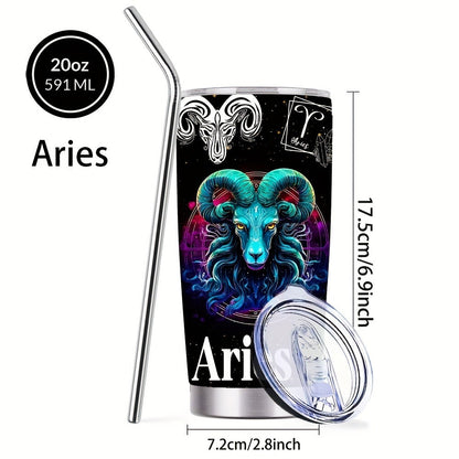 Zodiac Sign Insulated Tumbler 20oz Stainless Steel Travel Cup with Lid & Straw Hot Cold Drinks Horoscope Coffee Mug Gift for Men Women Birthday Christmas
