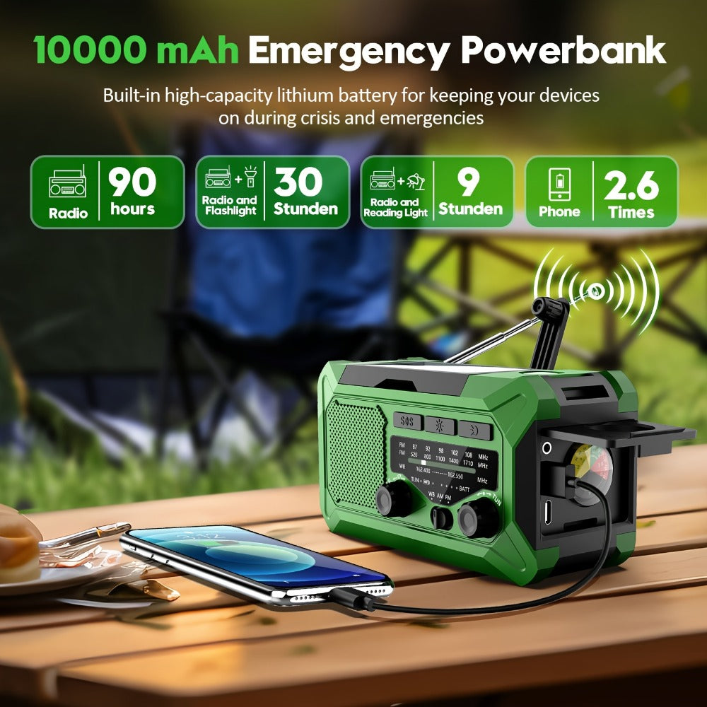 10000mAh AM/FM Emergency Radio with Solar Panel, Hand Crank, Reading Light and Yellow or Green Case