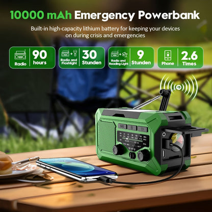 10000mAh AM/FM Emergency Radio with Solar Panel, Hand Crank, Reading Light and Yellow or Green Case