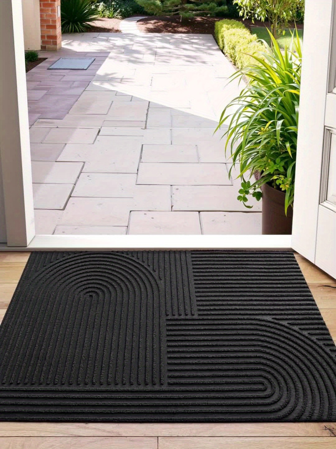 Time Arc Door Mat with Geometric Groove Pattern in Black, Gray or Brown and Two Rectangular Sizes