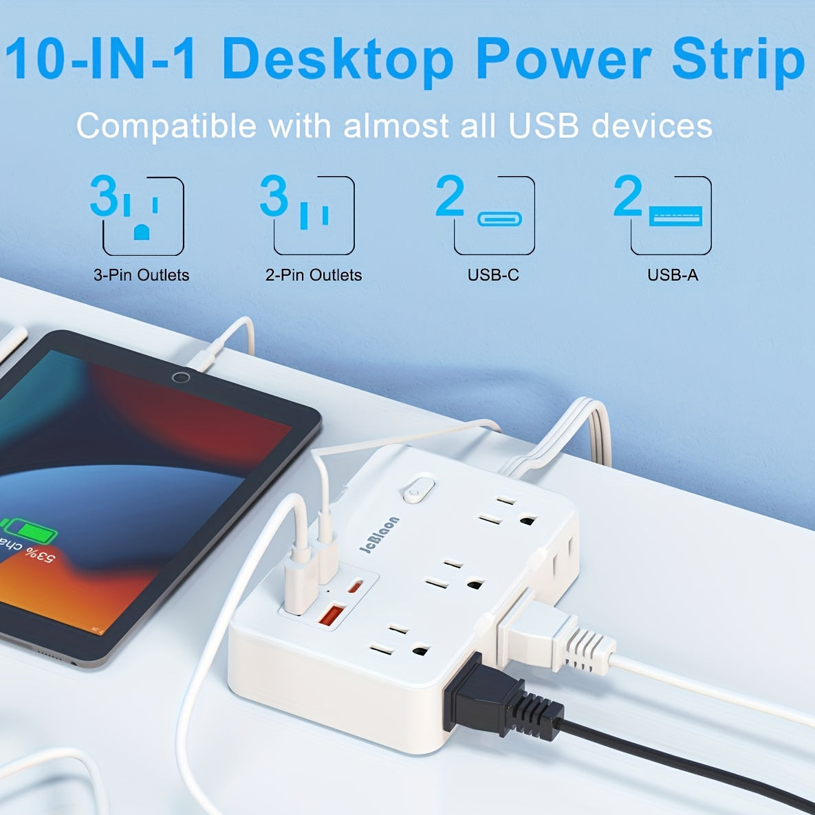 Flat Plug Extension Cord Surge Protector 10-in-1 with 6 AC Outlets 2 USB-C 2 USB-A Ports 5ft Ultra Thin Power Strip 5V/3.1A Wall Mount Charging Station for Home Office Dorm – Black & White