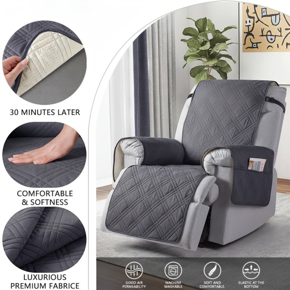 Quilted One-Piece Recliner Chair Cover with Side Pocket, Back Strap and Six Solid Color Options