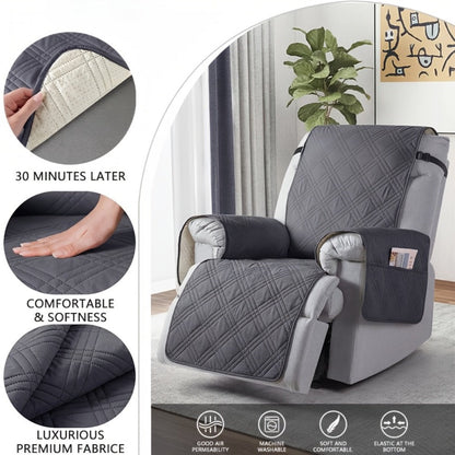 Quilted One-Piece Recliner Chair Cover with Side Pocket, Back Strap and Six Solid Color Options