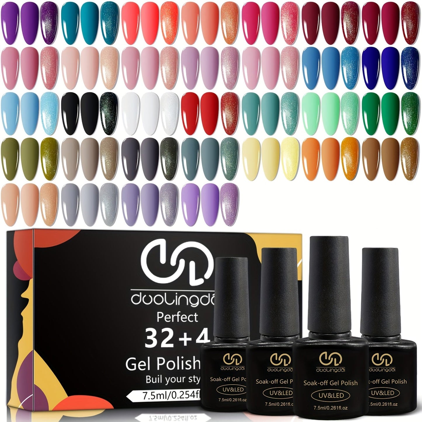 Gel Nail Polish 36-Piece Kit with 32 Colors, Base Coat and Three Top Coat Finishes for Home and Salon Use