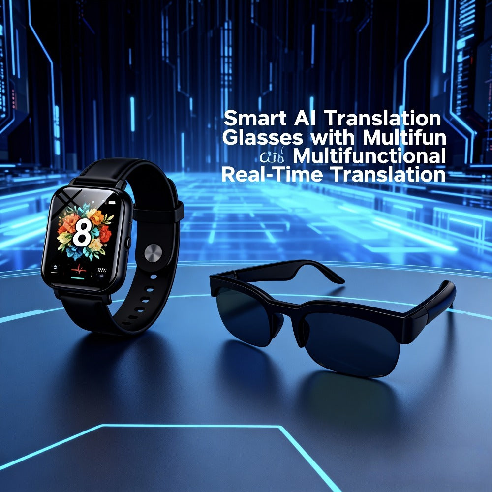 AI Smart Glasses with Real-Time Multi-Language Translation, Bluetooth Wireless Mic & Speaker