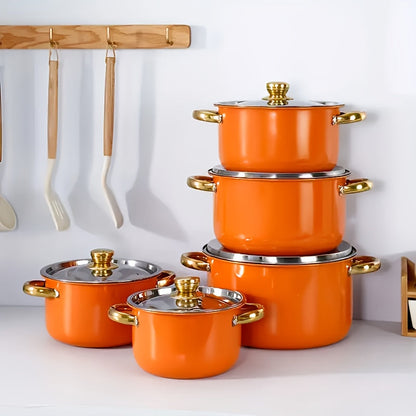 304 Stainless Steel Cookware Set with Golden Handles, 1/10/15pcs Deep Thick Soup Pot & Pan Set for Induction & Gas Stoves