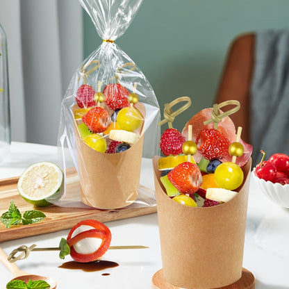 Disposable Charcuterie Cups 8oz with Sticks and Bags - 50 Sets Brown Kraft Paper Snack Cups for Appetizers Party Supplies French Fries Dessert Cups
