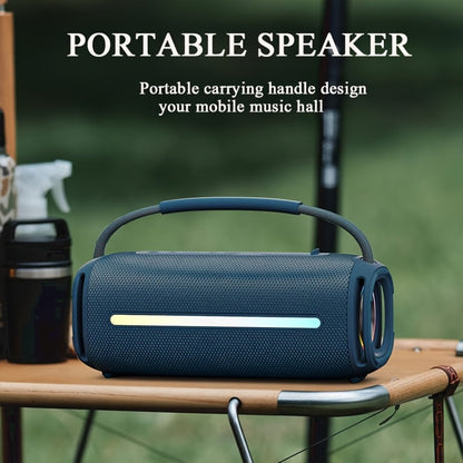 Portable Cylindrical Speaker in Black, Blue or Green with Carry Handle, Dual Light Bars and End-Ring Lighting