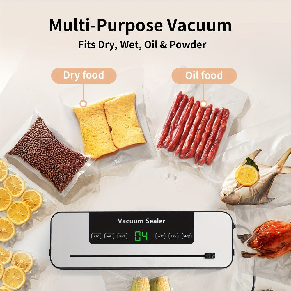 Countertop Vacuum Food Sealer with 65kPa Marking, Integrated Bag Cutter, Hose Port and 10 Bags