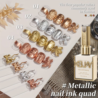 Metallic Smudge Nail Art Gel Four-Bottle Set in Gold, Silver and Rose Tones with Narrow Cap Brushes