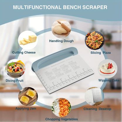 Two-Piece Dough Scraper Set with Metal Bench Cutter, Measurement Guide and Blue or Grey Bowl Scraper