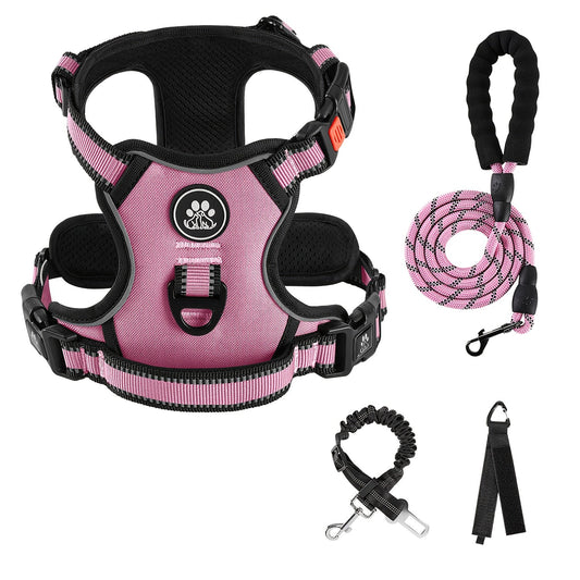 No Pull Dog Harness Set with Collar, Leash & Retractable Seatbelt – Reflective Adjustable Breathable Vest for Small to Large Dogs