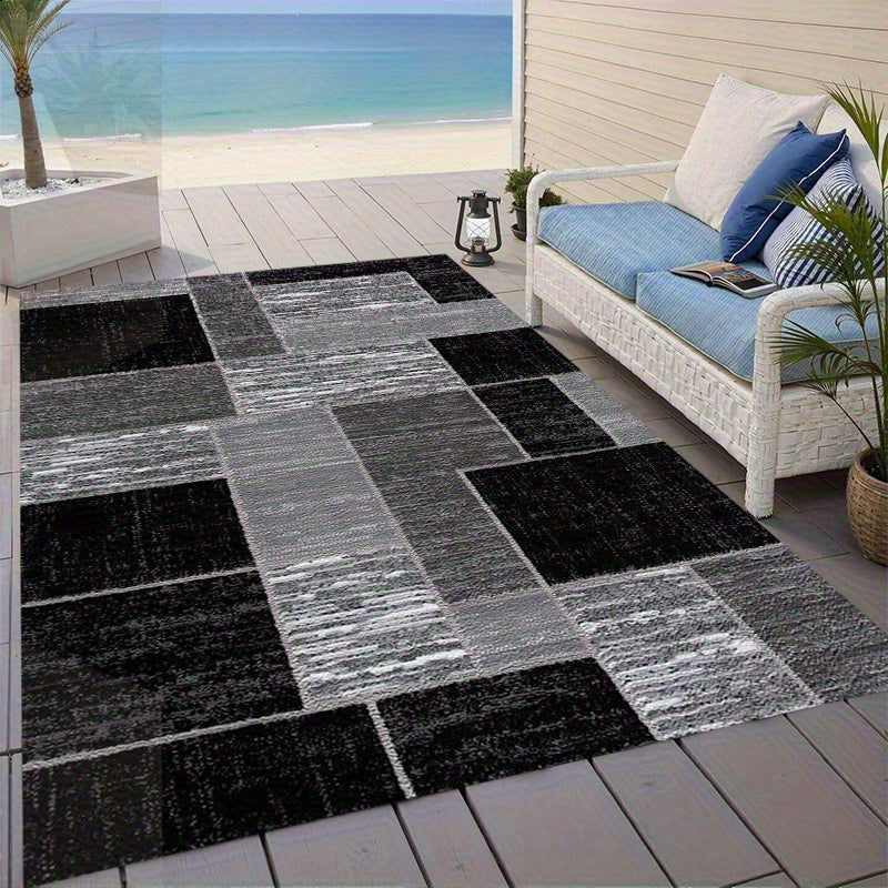 Outdoor Rug Geometric Washable | Black Gray Patio Balcony Pool Yard