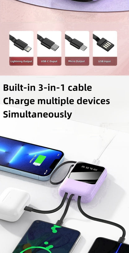 10000mAh Mini Power Bank 22.5W Super Fast Charging with 4 Built-In Cables – LED Display Cute Compact Portable Charger for iPhone Samsung Android Travel Outdoor Emergency Battery Pack