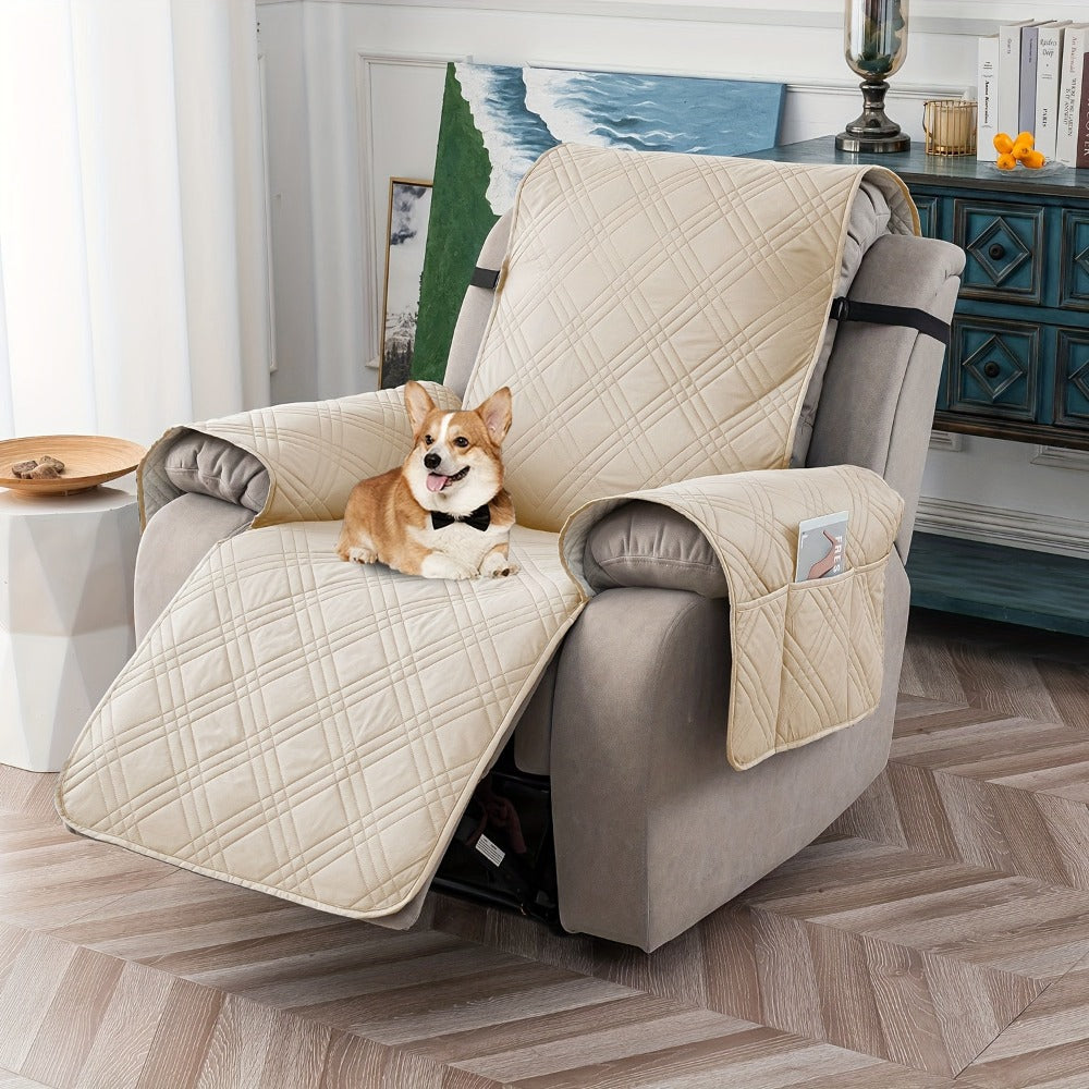 Chair Cover Quilted Recliner Throw with Side Pocket, Elastic Straps and Buckle in Ten Colors