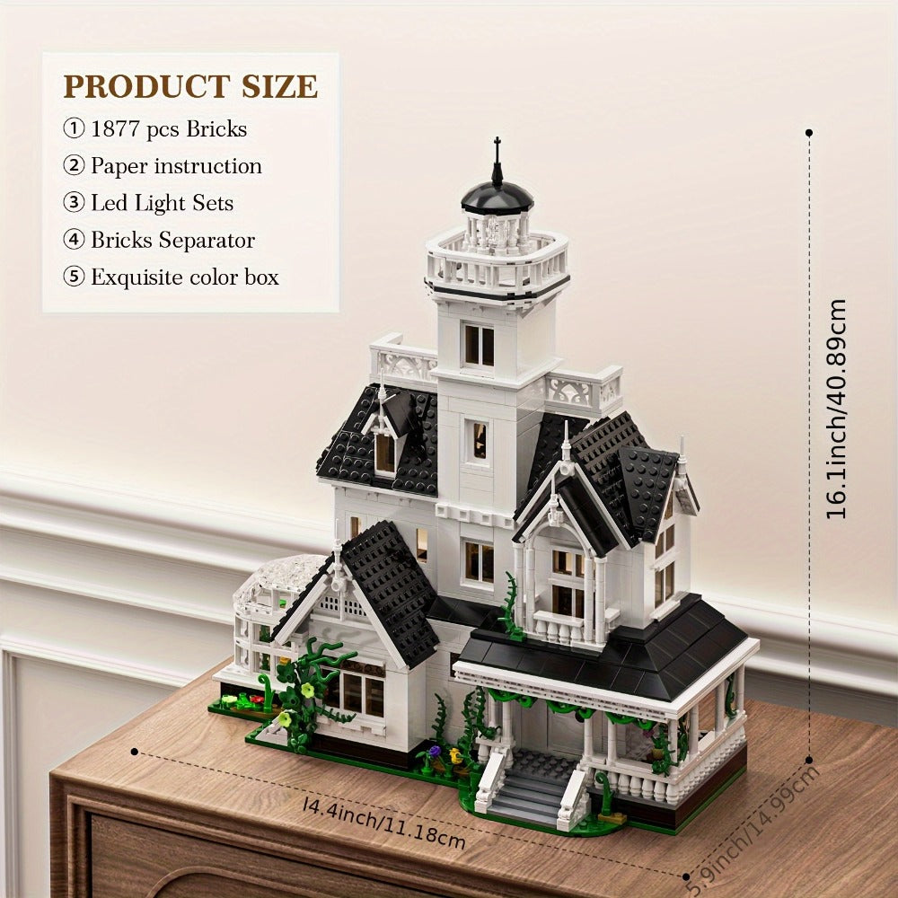 Building Block Set Owen's House with 1877 Pieces, Three-Level Tower, Porch, Conservatory and Lighting