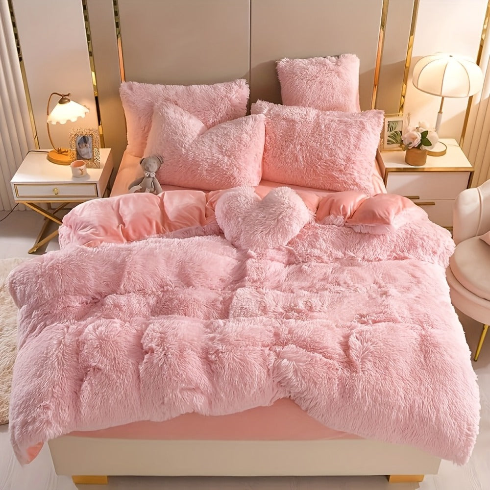 Plush Four-Piece Duvet Cover Set with Bed Sheet, Two Pillowcases, Queen or King Size and Eight Colors