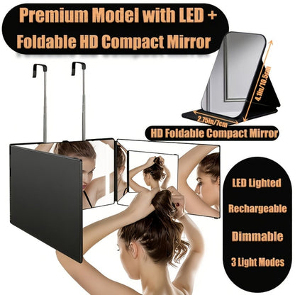 3 Way Mirror for Self Hair Cutting with LED Lights, 360° View Anti-Fog HD Glass USB Rechargeable Folding Barber Mirror for Home Salon