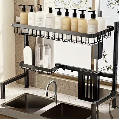 Over-Sink Dish Drying Rack Kitchen Organizer, 30-33.9-Inch Two-Tier Frame with Seven Removable Accessories