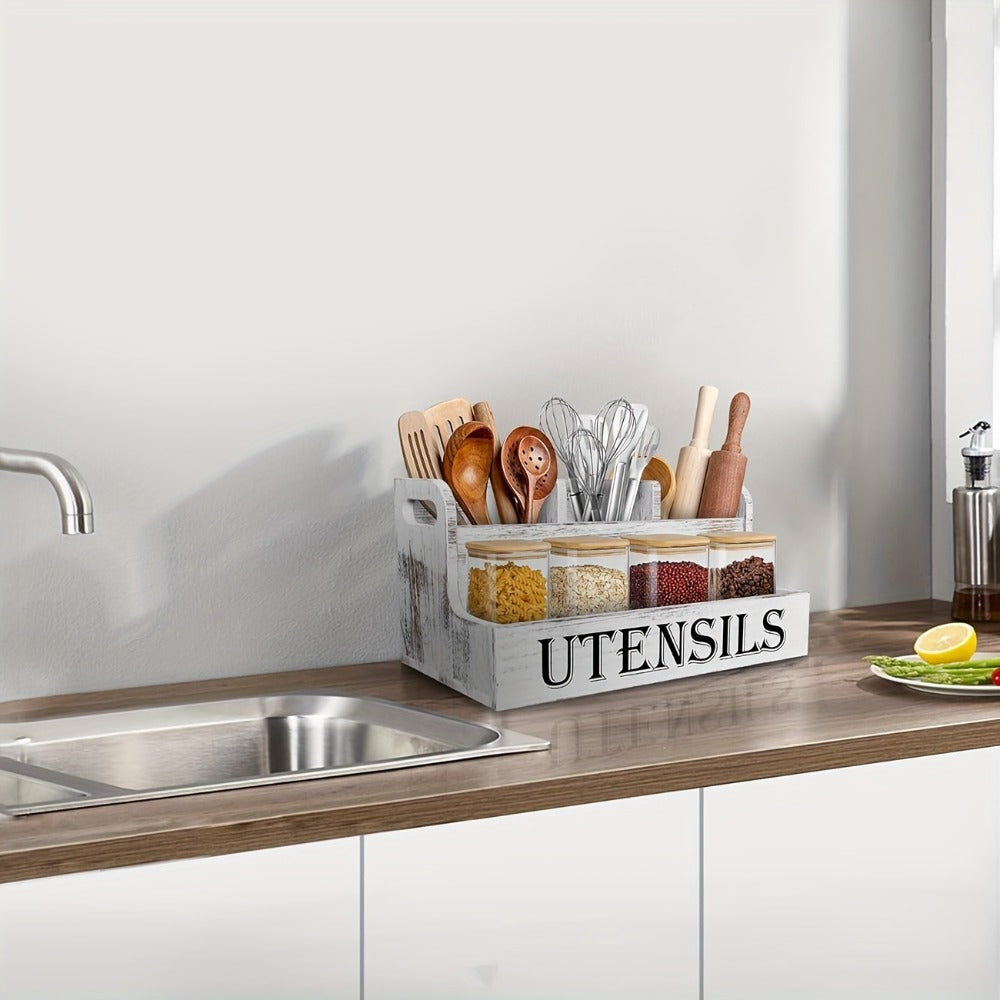 Utensil Holder Kitchen Organizer with Four Wood Compartments, Countertop Shelf and White or Black Finish