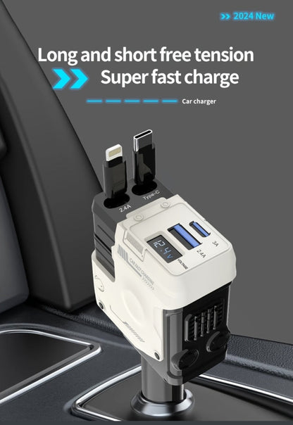 120W Fast Car Charger 4-in-1 with Retractable PD 3.0 Type-C Cable & Multi-Port USB Adapter – Short Circuit & Overheat Protection for iPhone Samsung Galaxy S25 Ultra Huawei Android, 4 Colors Available
