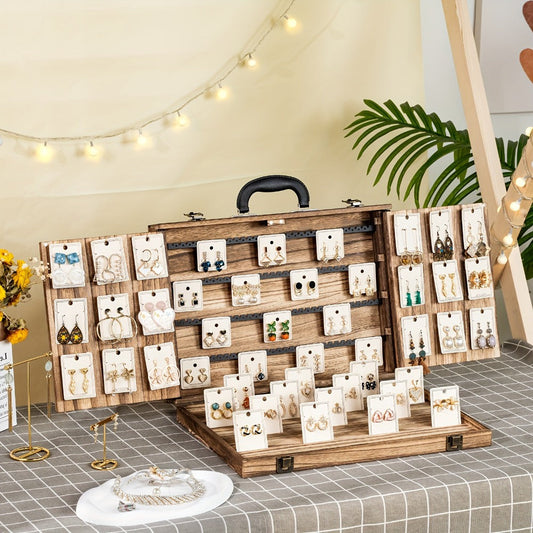 Wooden Jewelry Display Case with Lock & Buckle Closure – Vintage Tabletop Organizer Box for Earrings, Bracelets & Necklaces, Large Capacity Earring Card Holder, Burnt Wood
